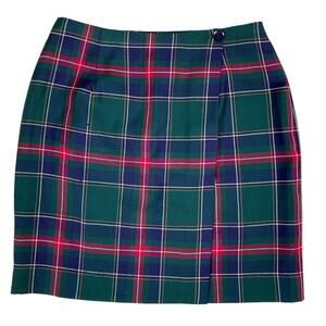 80s Vintage Alain Gerard Green Wool Plaid Wrap Skirt 8 Petite Office Work